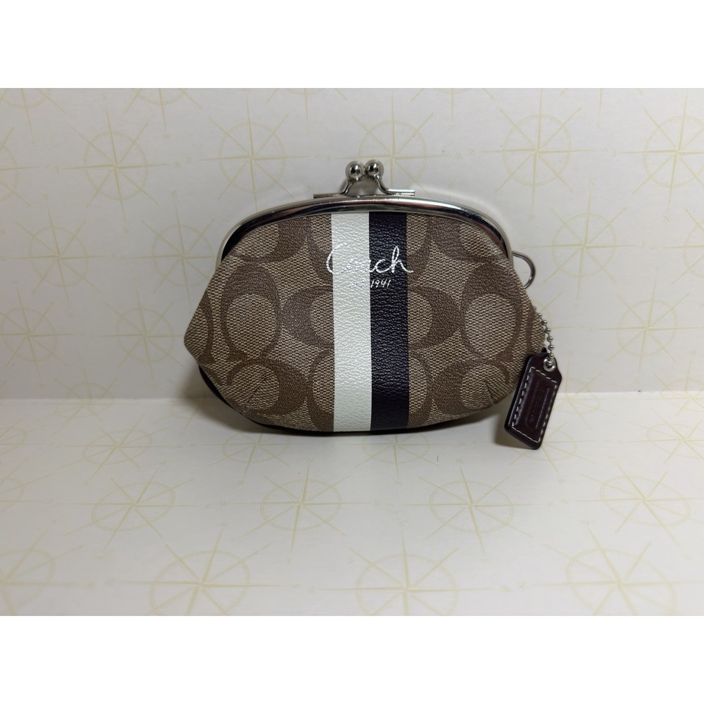 Coach Tan & Brown Kiss Lock Coin Pouch With Hang Tag